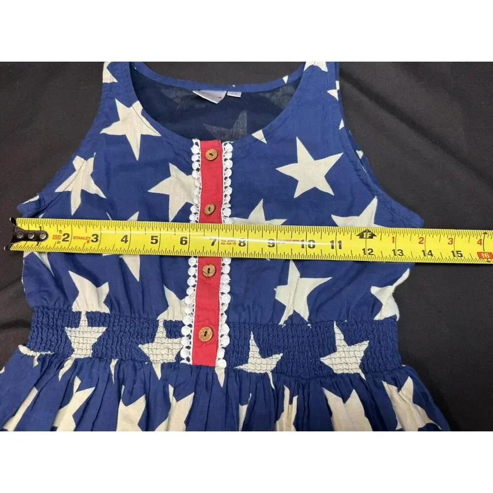 Yo Baby Dress Girls 13 Blue Star Sleeveless Ruffle Hem‎ Smocked Waist Patriotic